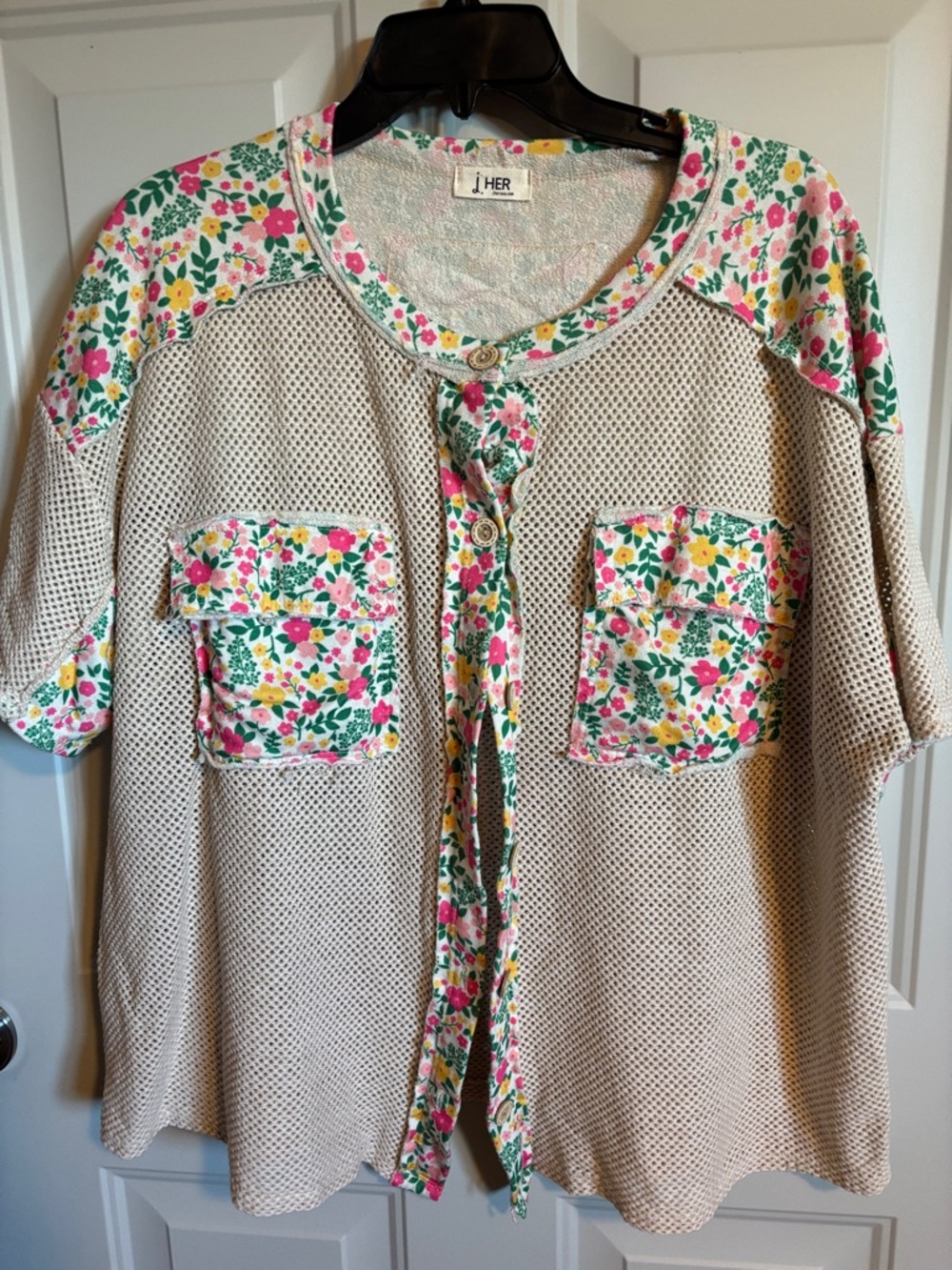 J HER Cream Floral-Trim Button Down Top